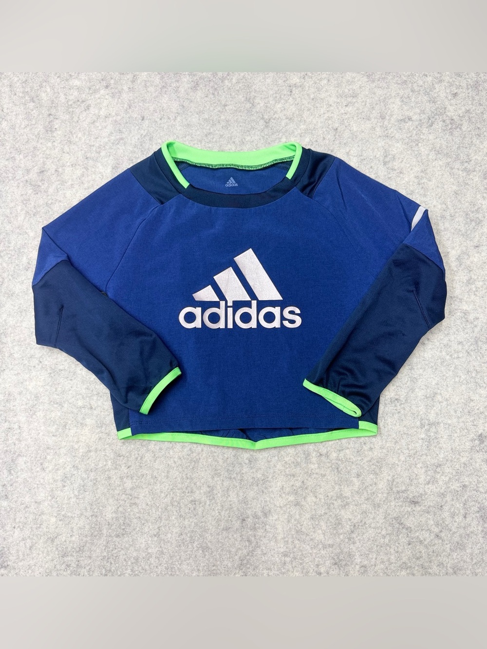 Adidas Climalite Boys Shirt Size J 100 Blue Neon Green Long Sleeve Athletic